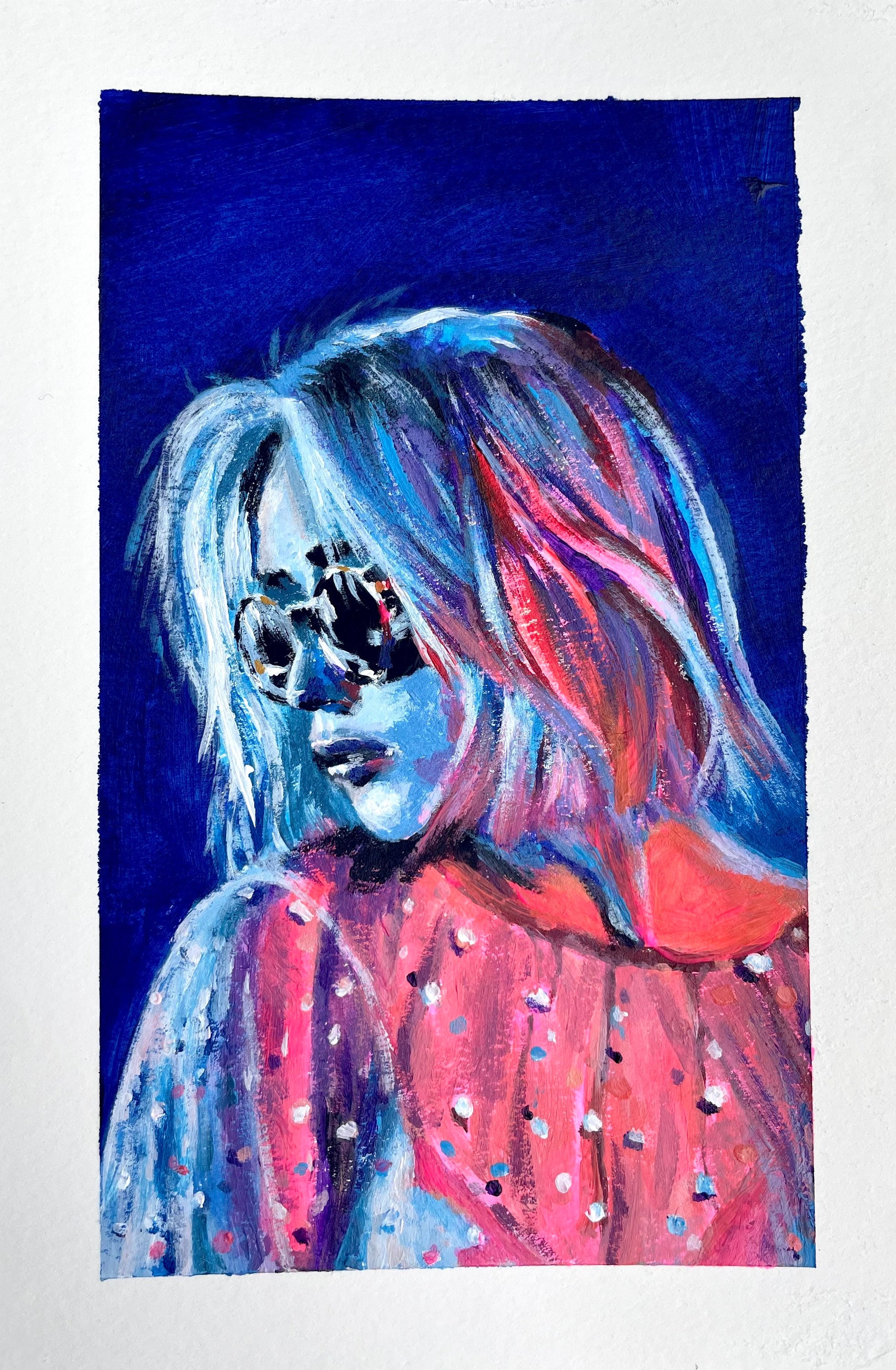 Pink, blue and purple turn a portrait in sunglasses into a vivid study of light and attitude.