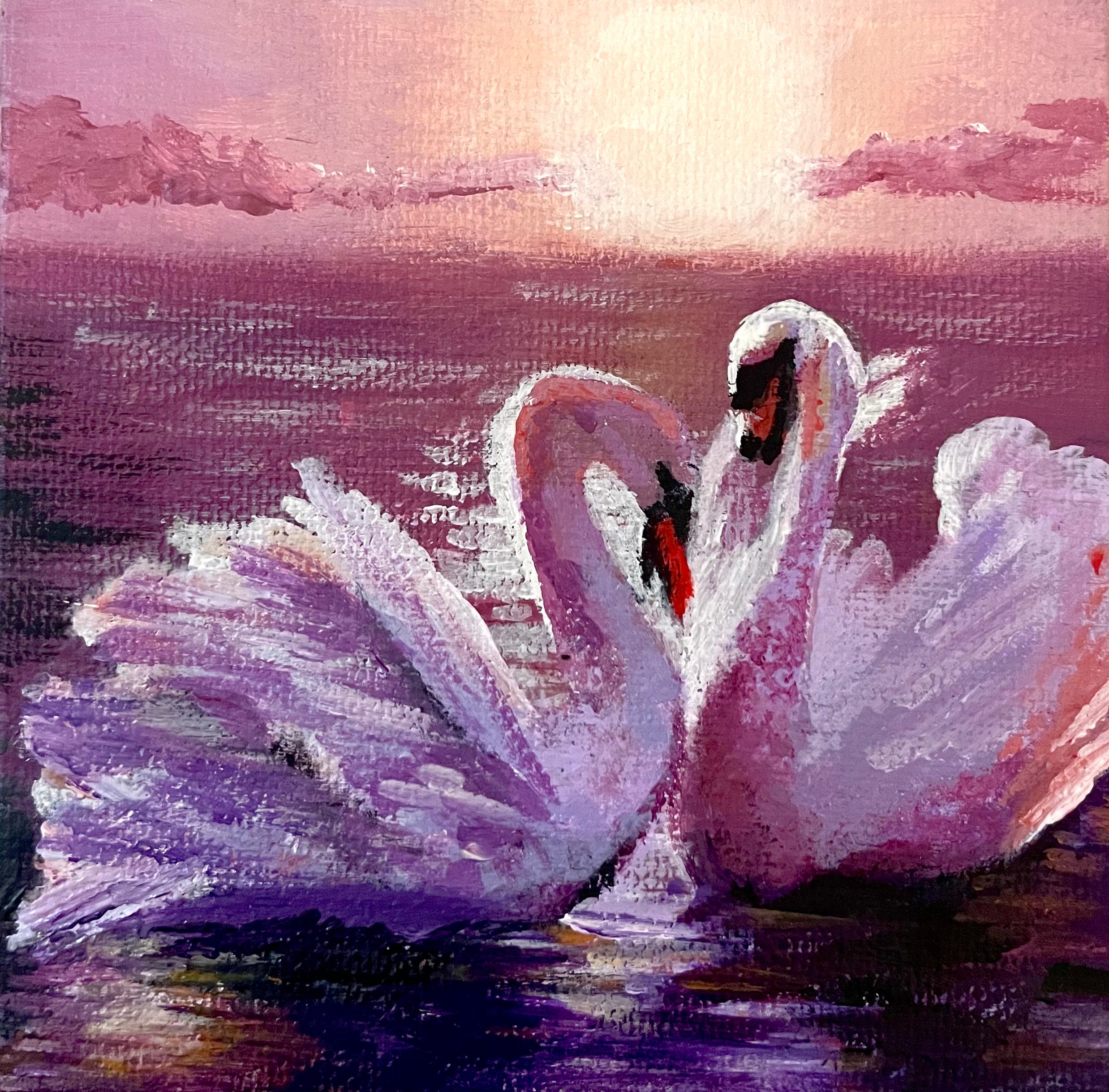 Two swans meet on still water beneath a golden sunset, painted in soft pinks and purples.