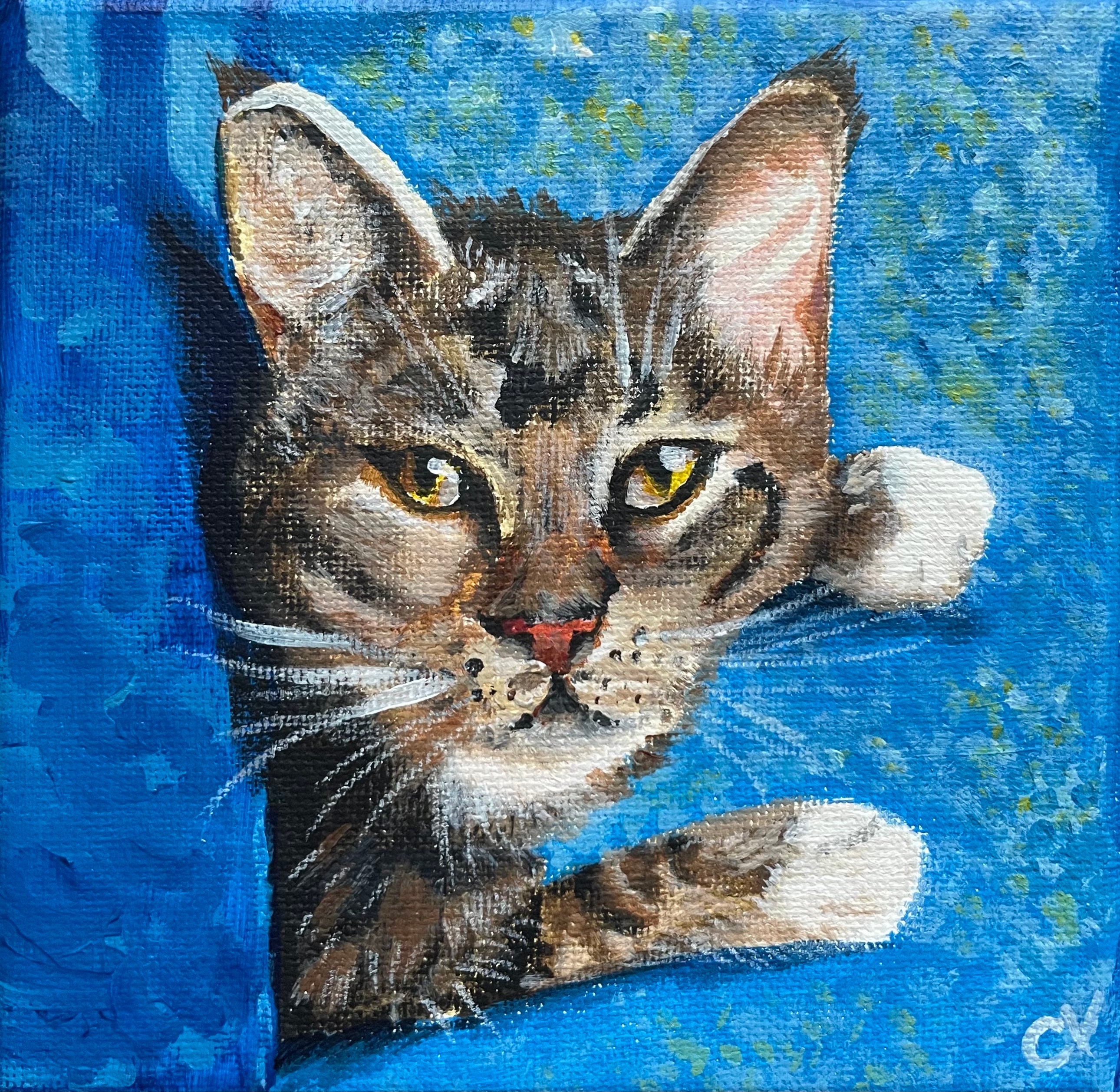A hand-painted portrait inspired by your pet’s character. We’ll choose the size, palette and composition together before painting begins.
