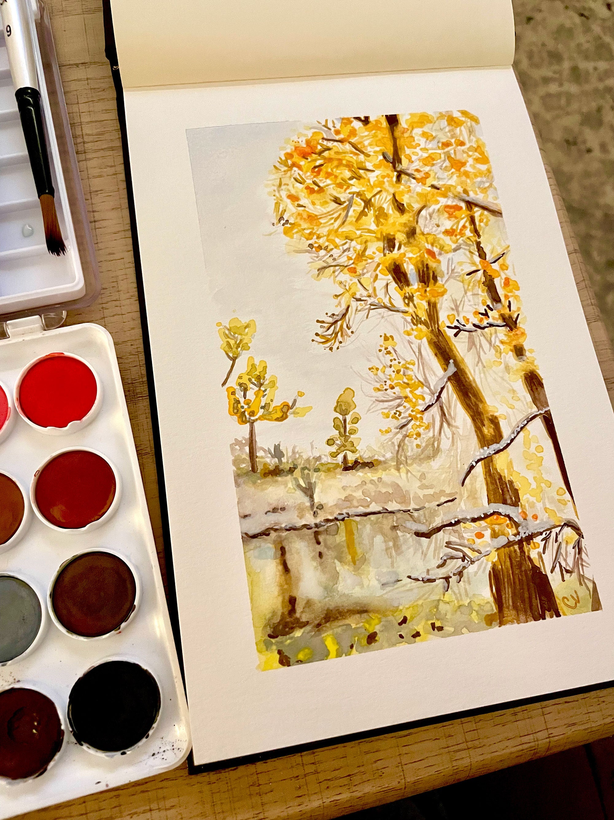 Painting detail: Golden trees in a snowy winter landscape.