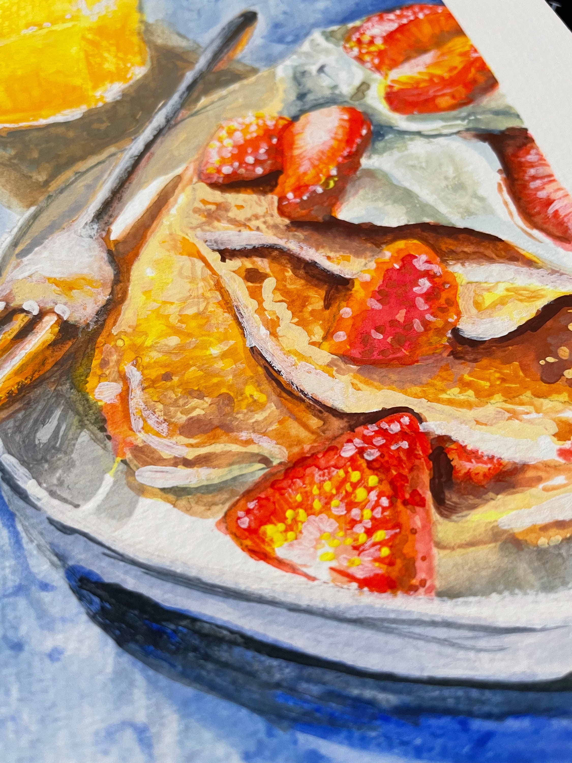 Painting detail: Strawberry pancakes and orange juice.