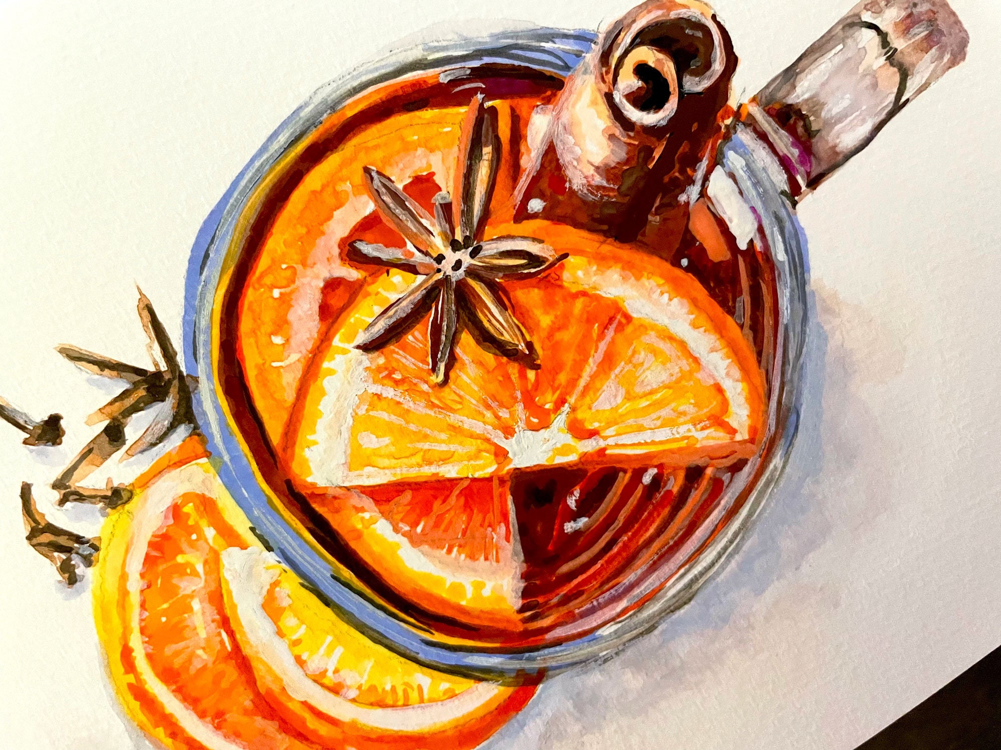 Painting detail: Mulled wine with orange slices, cinnamon and cloves.