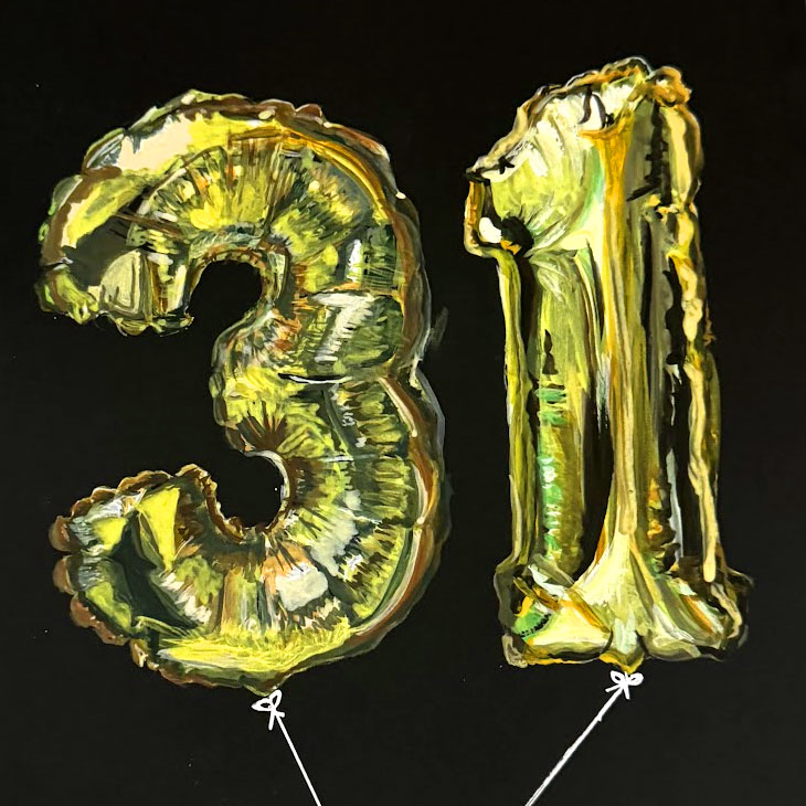 Gouache painting of reflective gold balloons shaped like the numbers 3 and 1, with white strings against black paper.