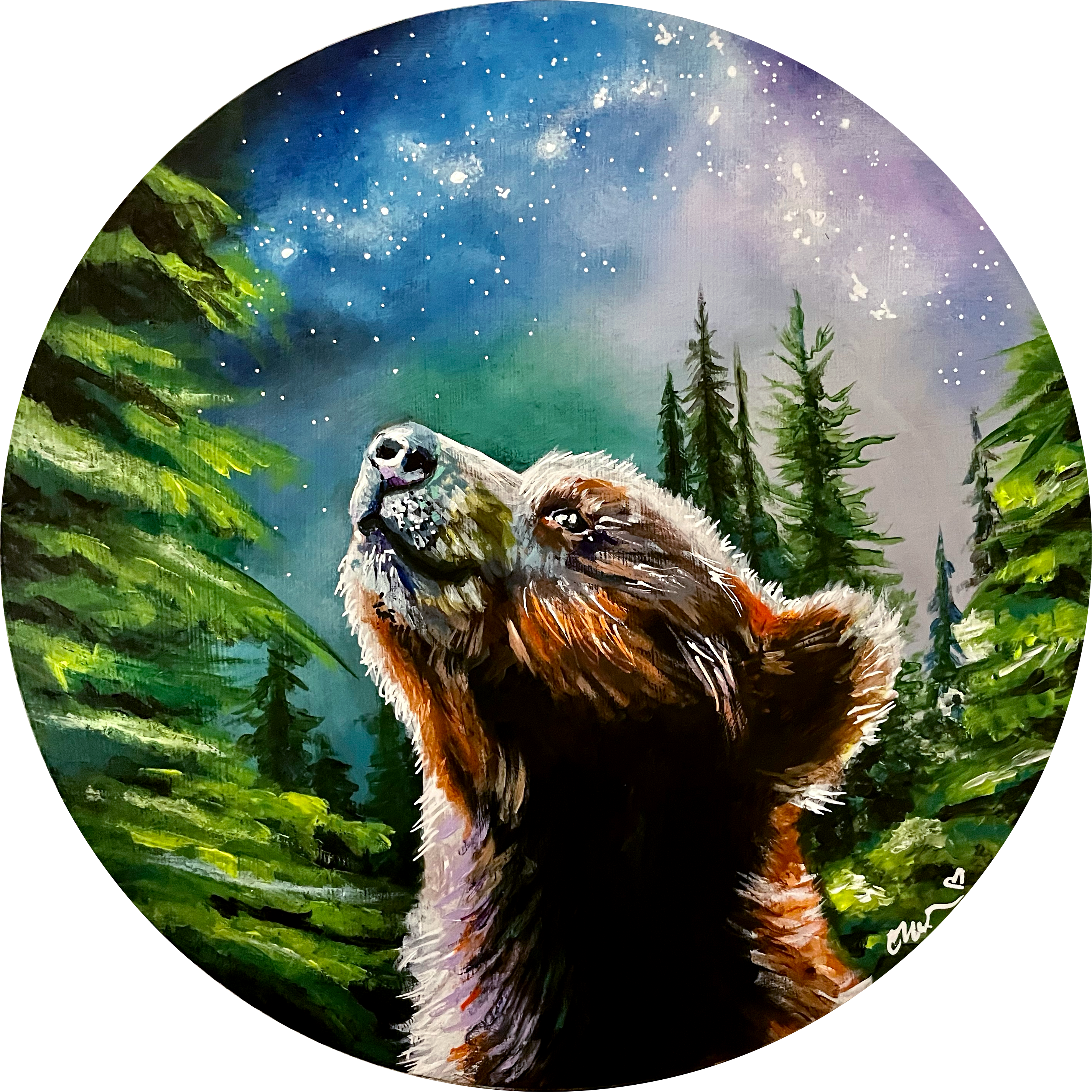 A brown bear looking upward between pine trees beneath a blue, green and violet starry sky, painted on a circular surface.