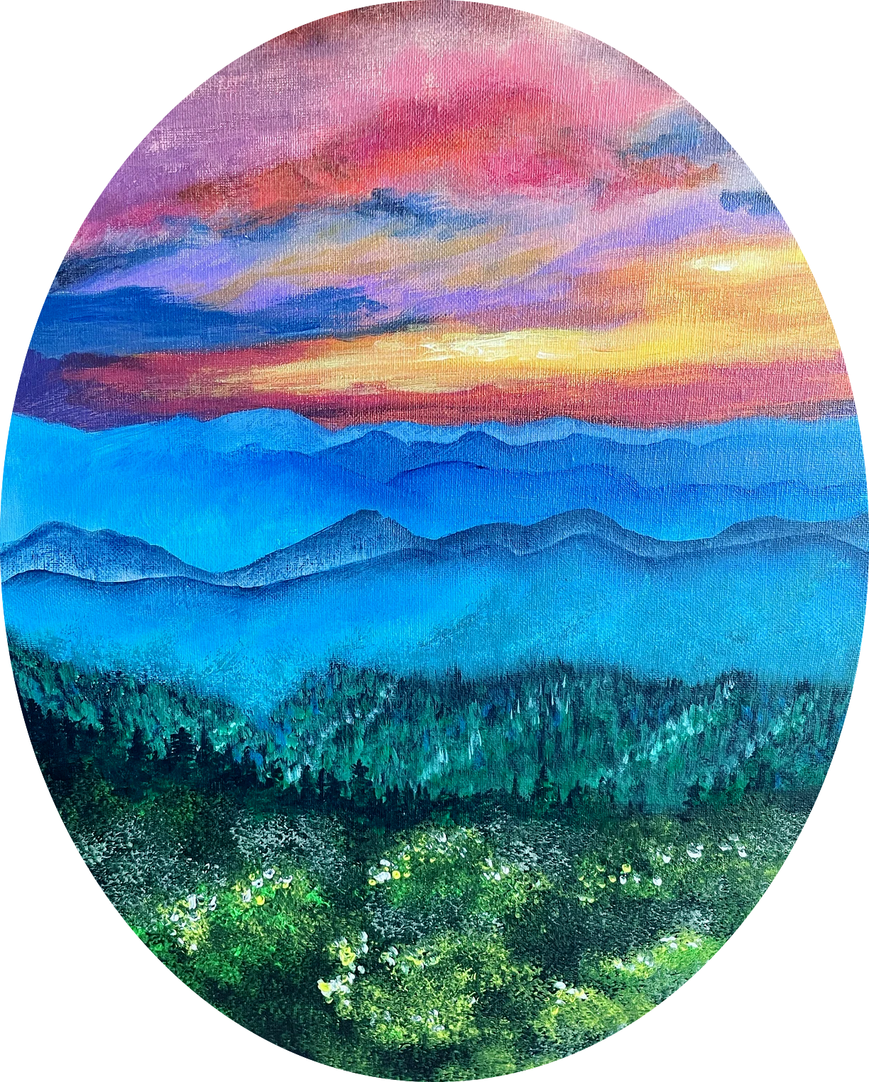 Blue mountains recede beneath a pink and golden sunset. The oval canvas holds the landscape like a small window.