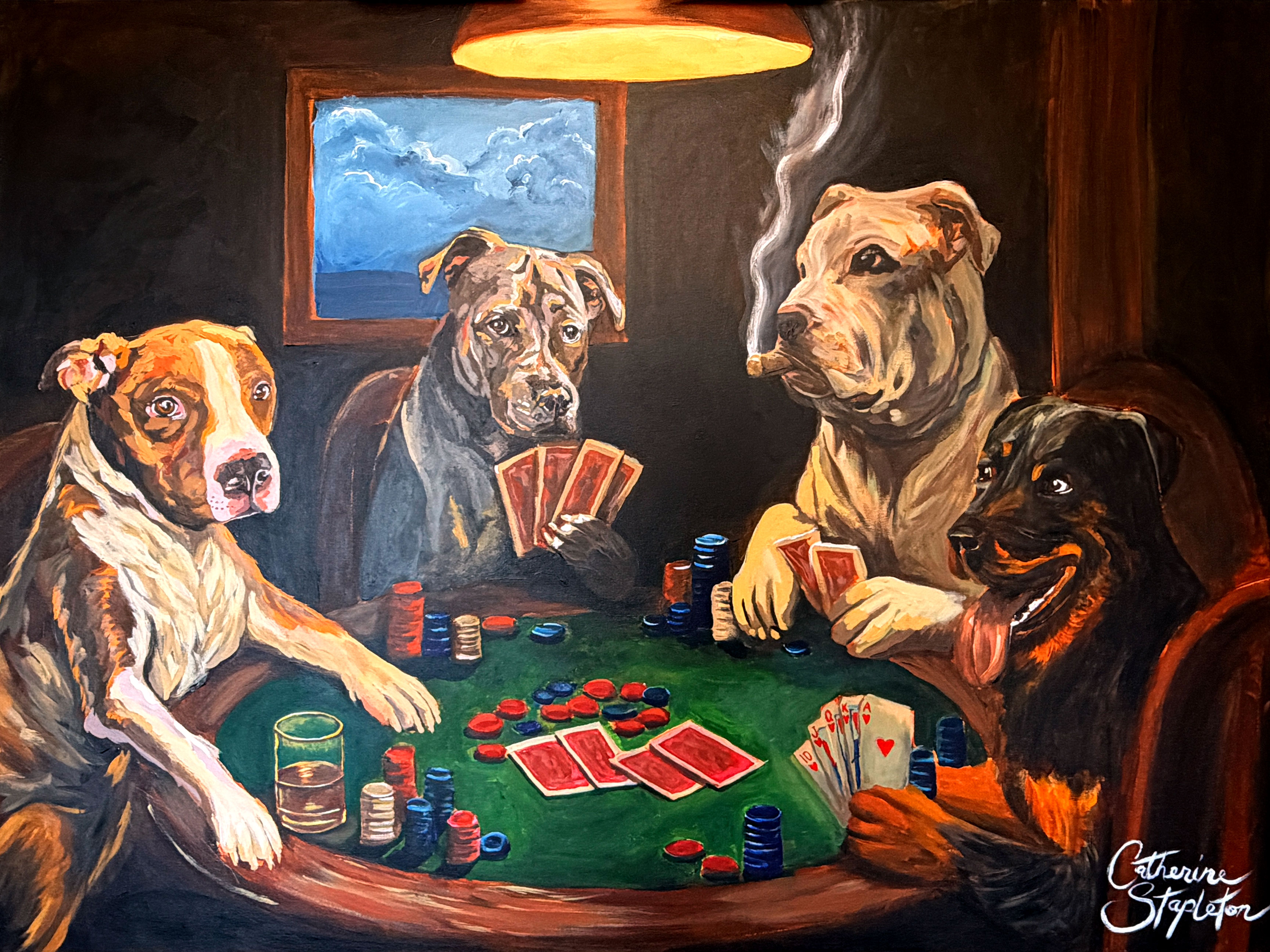 Four expressive dogs play poker around a green felt table under a golden hanging lamp, with colorful chips and playing cards.