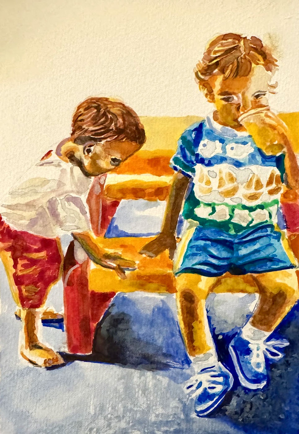 A childhood portrait of Catherine and Kenny beside a bright yellow and red chair, with blue clothing and warm sunlight.