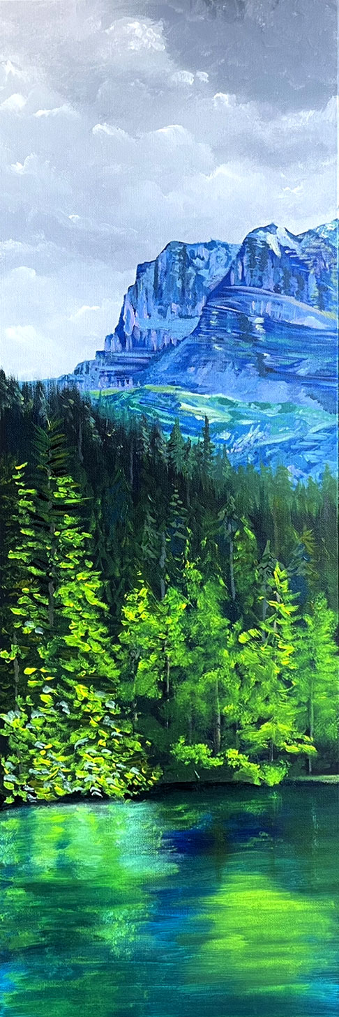 A tall mountain painting with a forest, turquoise lake and a distant blue rocky plateau.